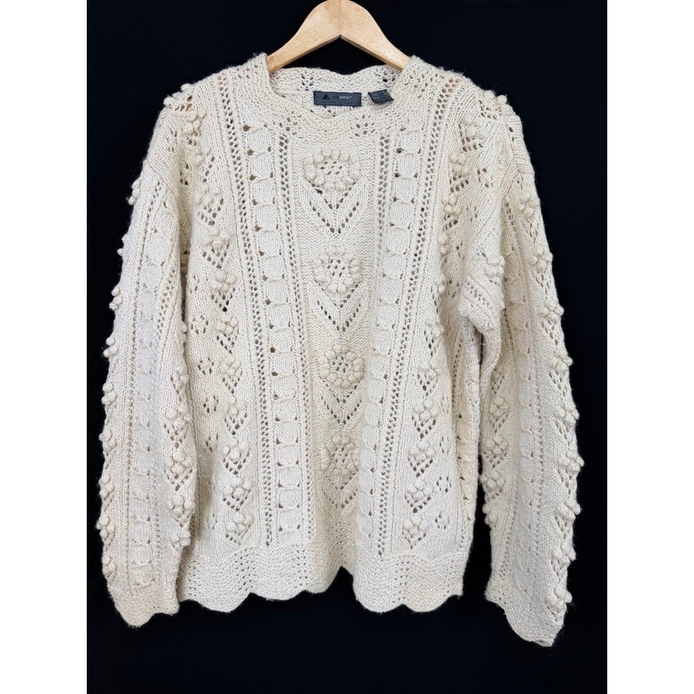 Lizwear Vintage 90s Hand Knit Wool Blend Pointelle Bobble Sweater Women S Cream
